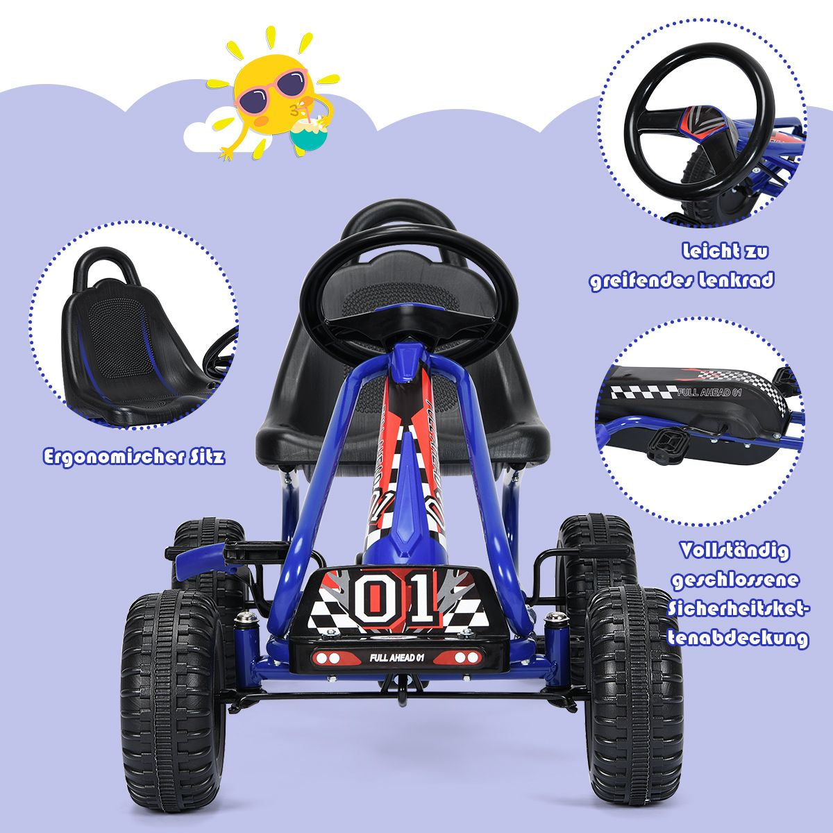 Gokart Mit Verstellbarem Sitz & Handbremse Tretauto Bis 30Kg Belastbar Pedal Go Cart