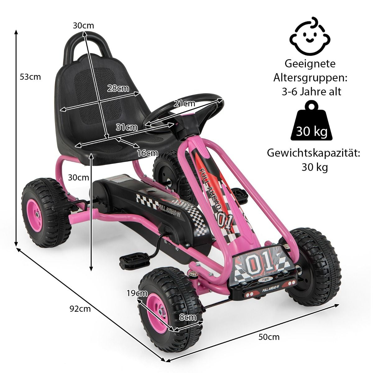 Gokart Mit Verstellbarem Sitz & Handbremse Tretauto Bis 30Kg Belastbar Pedal Go Cart